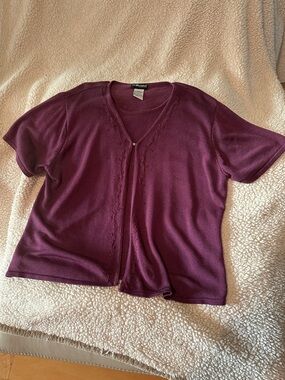 Sag Harbor Plum Short-Sleeve Knit Cardigan with Silver Clasp Closure